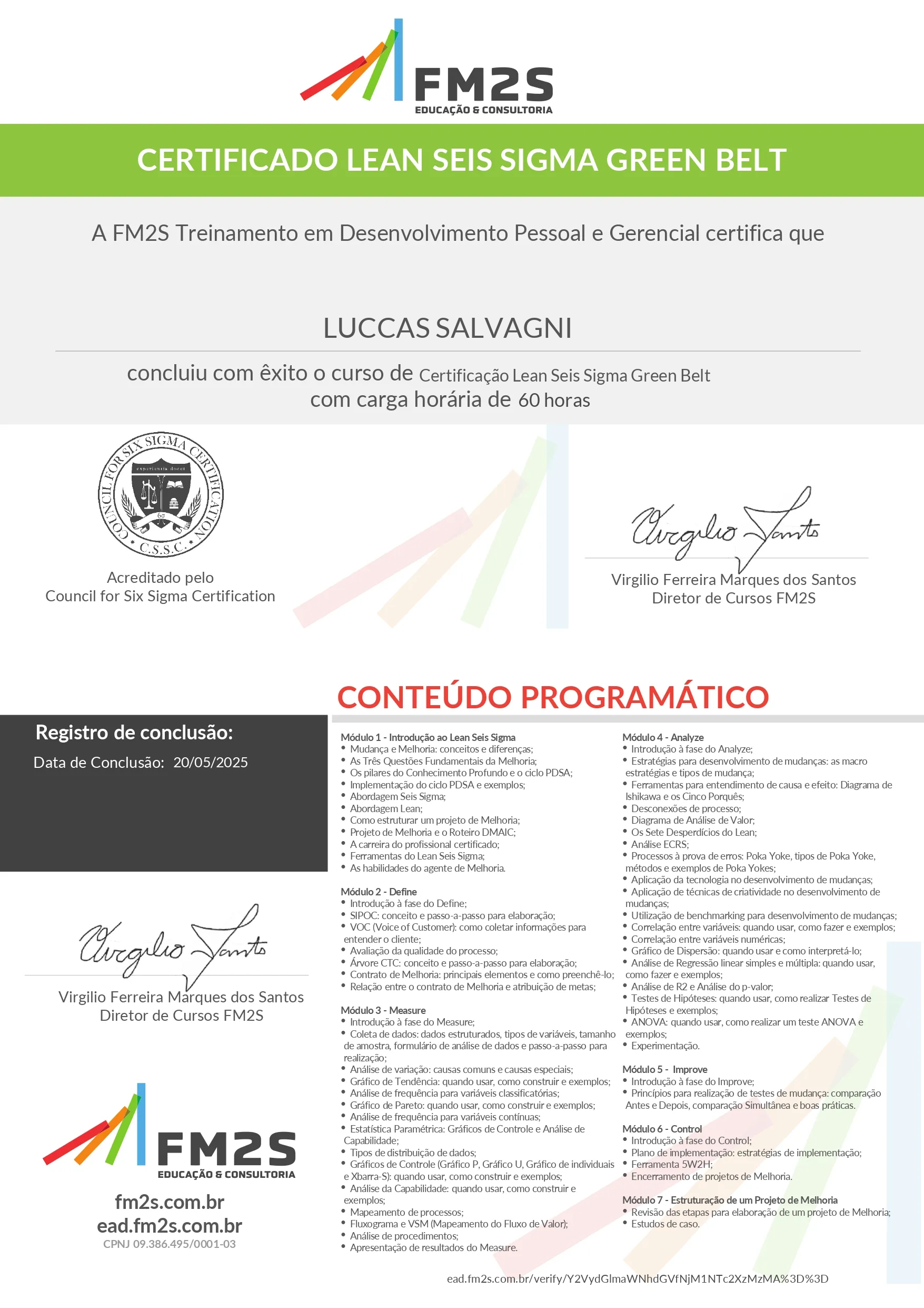 Certificado Lean Six Sigma Green Belt de Luccas Salvagni