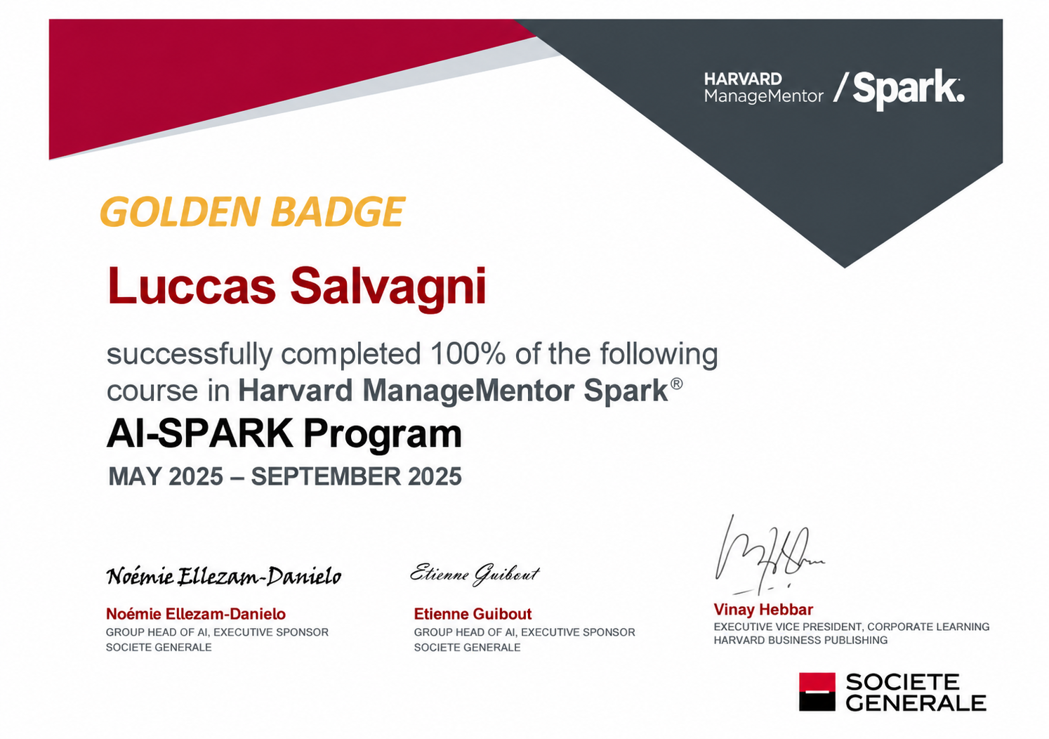 Certificado Harvard ManageMentor Spark AI-SPARK Program de Luccas Salvagni